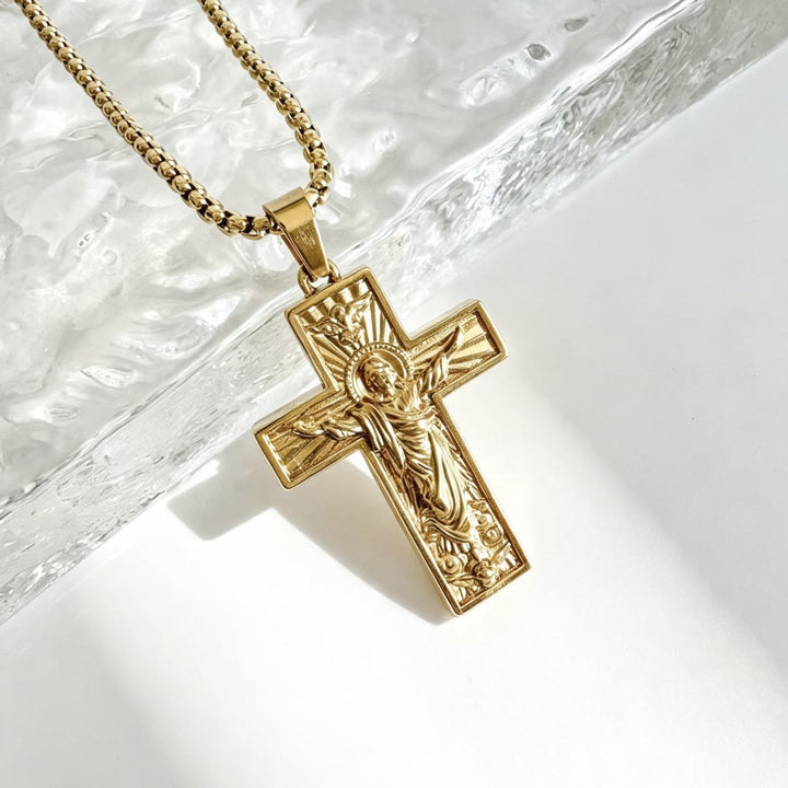 Christianartworkshop Polished Radiant Halo Crucifix Pendant Necklace: Token Of Everlasting Divine Grace - Golden - image 0