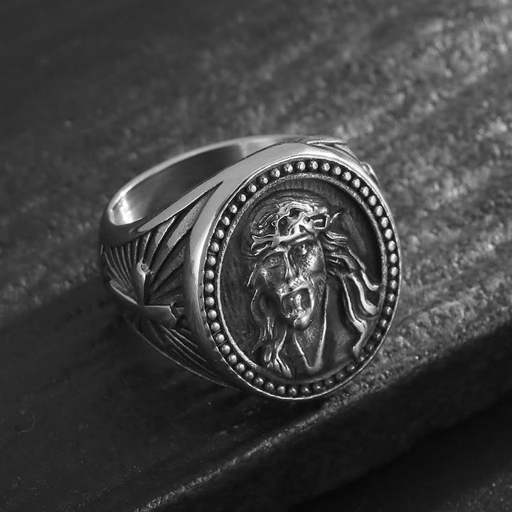 Christianartworkshop Bold Wide Band Jesus Portrait Ring: Token Of Abiding Heavenly Salvation - Silver - US 13 - image 1