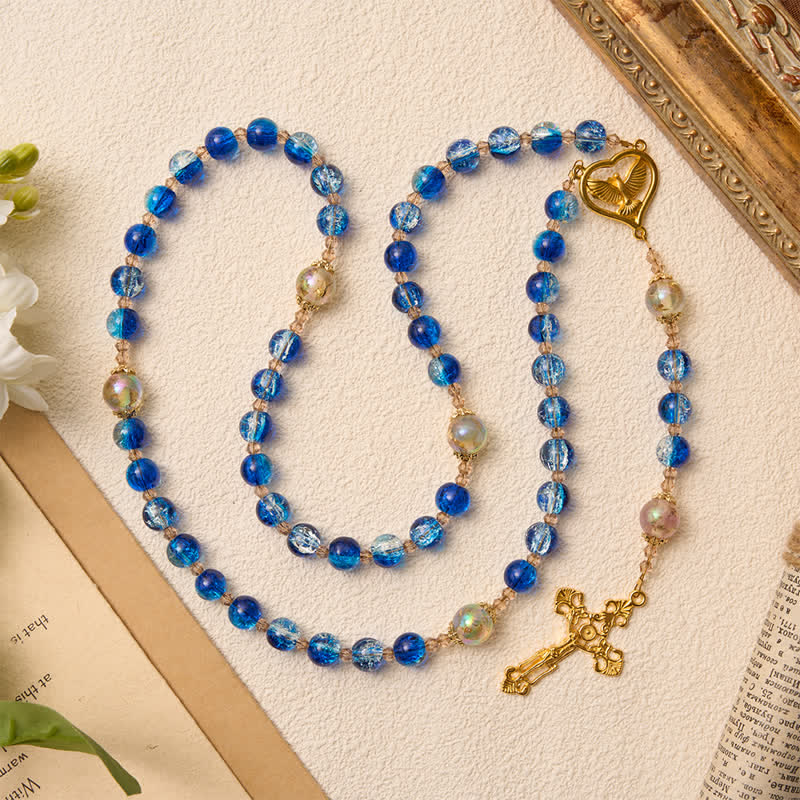 Christianartworkshop Ocean Blue Crackle Glass Holy Spirit Rosary: Sign of Quiet Heavenly Blessing - Ocean Blue Holy Spirit Rosary - image 0