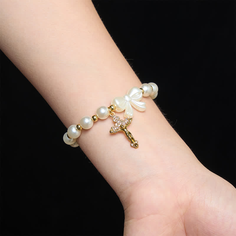 Christianartworkshop White Beaded Bow Rosary Bracelet With Jeweled Crucifix: Emblem of Sweet Heavenly Grace - image 1