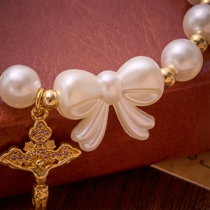 Christianartworkshop White Beaded Bow Rosary Bracelet With Jeweled Crucifix: Emblem of Sweet Heavenly Grace - image 5