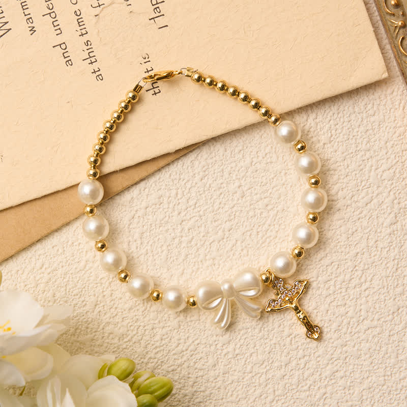 Christianartworkshop White Beaded Bow Rosary Bracelet With Jeweled Crucifix: Emblem of Sweet Heavenly Grace - image 2
