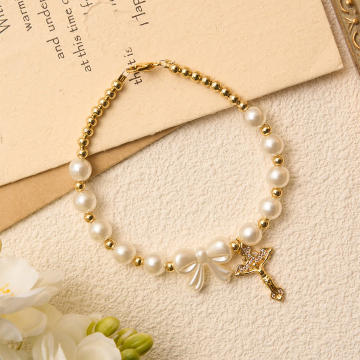 Christianartworkshop White Beaded Bow Rosary Bracelet With Jeweled Crucifix: Emblem of Sweet Heavenly Grace - image 2
