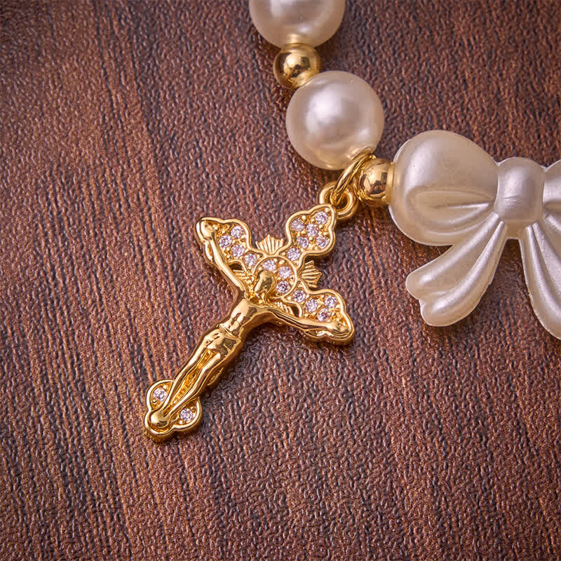 Christianartworkshop White Beaded Bow Rosary Bracelet With Jeweled Crucifix: Emblem of Sweet Heavenly Grace - image 6