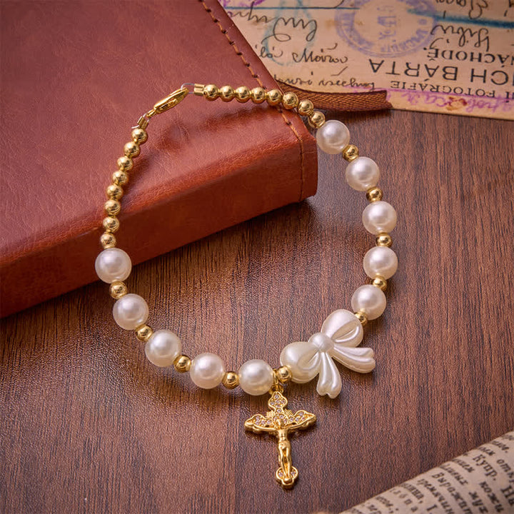 FREE Today: White Beaded Bow Rosary Bracelet With Jeweled Crucifix: Emblem of Sweet Heavenly Grace - image 4