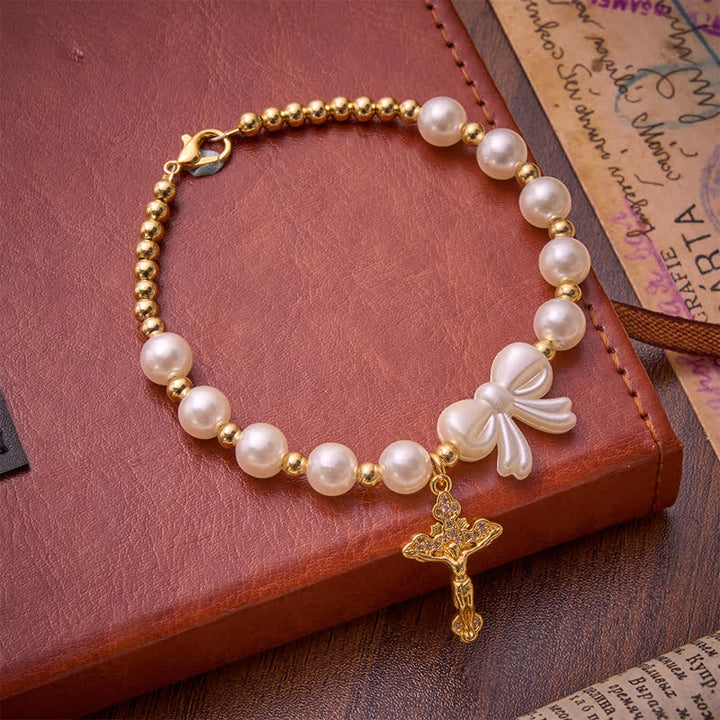FREE Today: White Beaded Bow Rosary Bracelet With Jeweled Crucifix: Emblem of Sweet Heavenly Grace - image 3