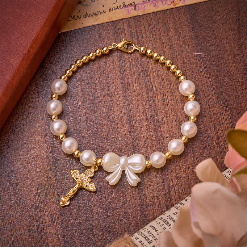FREE Today: White Beaded Bow Rosary Bracelet With Jeweled Crucifix: Emblem of Sweet Heavenly Grace - Beaded Bow Rosary Bracelet - image 0