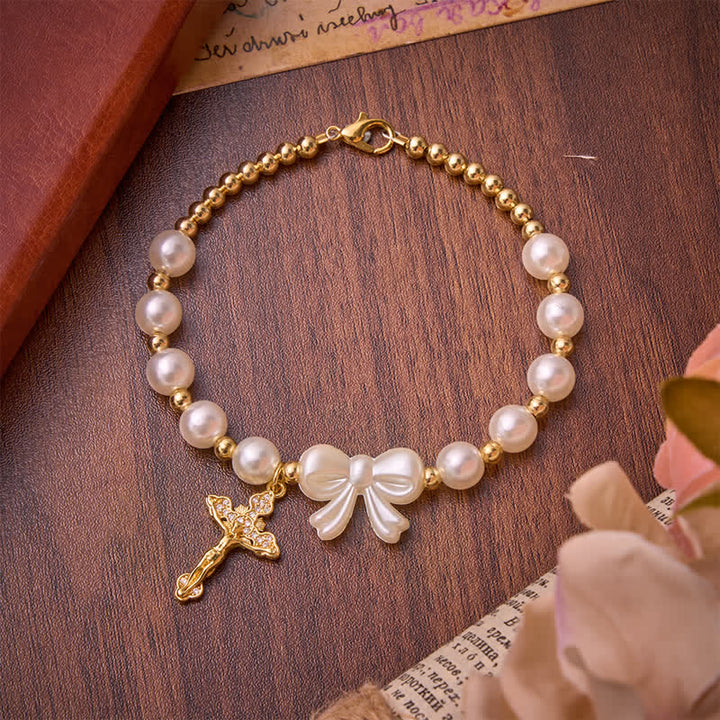 FREE Today: White Beaded Bow Rosary Bracelet With Jeweled Crucifix: Emblem of Sweet Heavenly Grace - Beaded Bow Rosary Bracelet - image 0