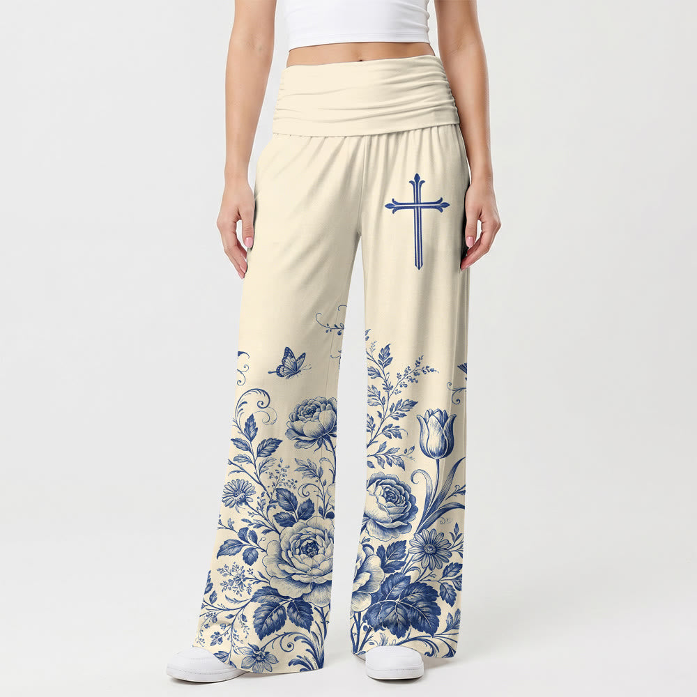 Christianartworkshop Blue Floral Cross Accent Women’s Wide Leg Pants - US22,UK/AU26,EU54 - image 0