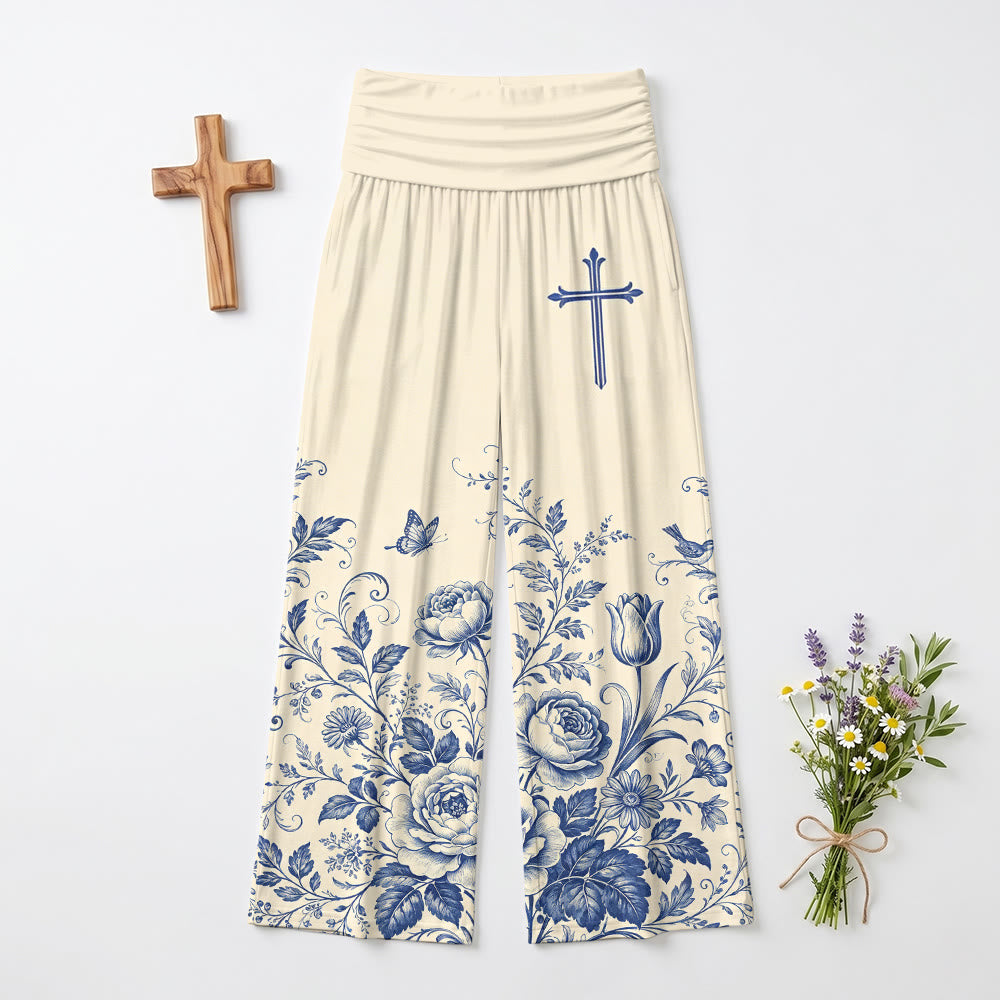 Christianartworkshop Blue Floral Cross Accent Women’s Wide Leg Pants - image 2