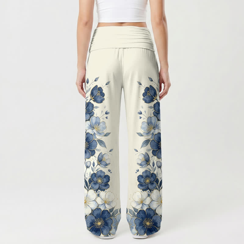 Christianartworkshop Madonna And Child Blue Floral Women’s Wide Leg Pants - image 1