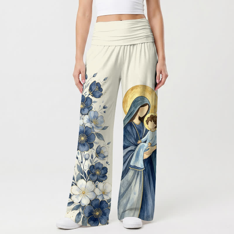 Christianartworkshop Madonna And Child Blue Floral Women’s Wide Leg Pants - image 2