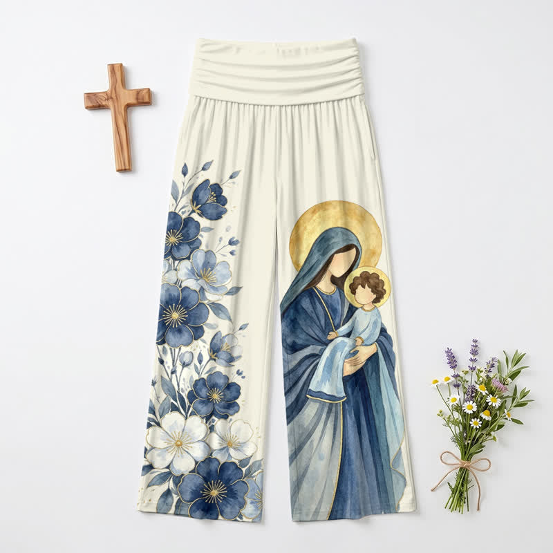 Christianartworkshop Madonna And Child Blue Floral Women’s Wide Leg Pants - US22,UK/AU26,EU54 - image 0
