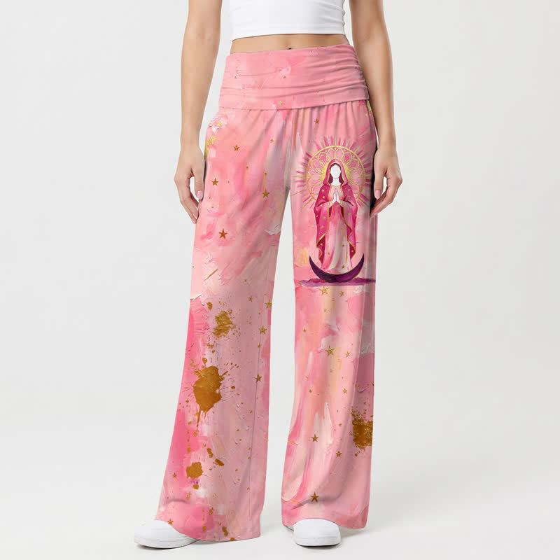 Christianartworkshop Pink Moon Halo Foldover Waist Women's Wide Leg Pants - image 2