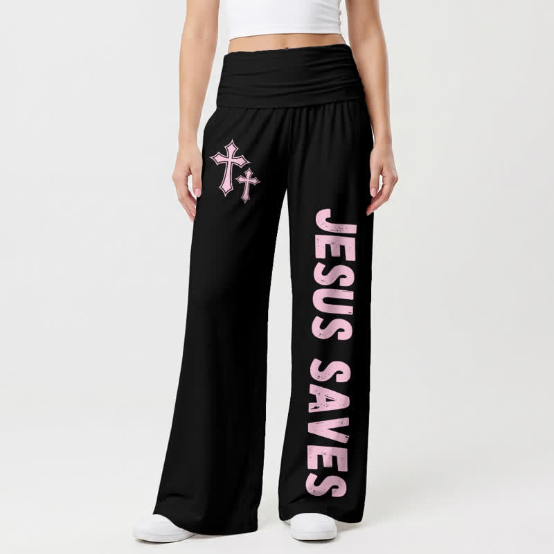 Christianartworkshop Jesus Saves Pink Cross Foldover Women's Wide Leg Pants - Black - US22,UK/AU26,EU54 - image 0