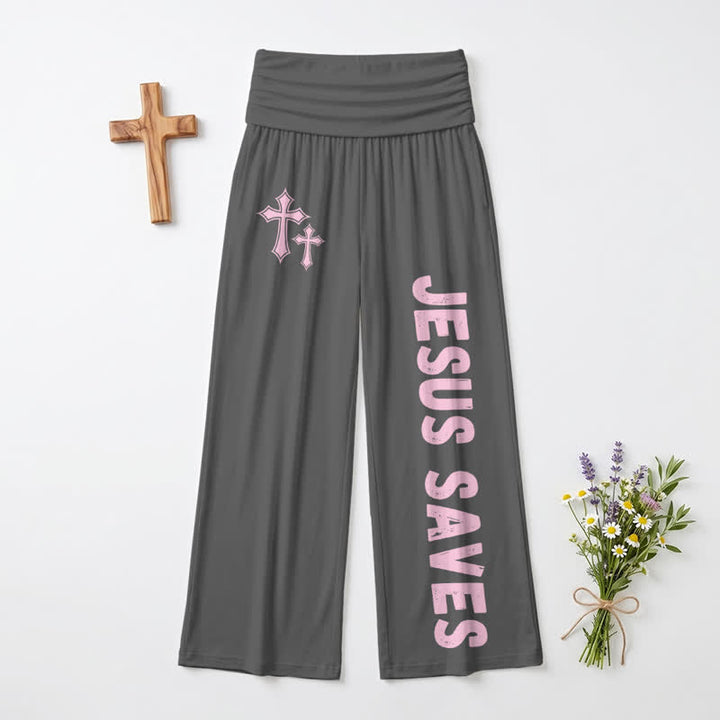 Christianartworkshop Jesus Saves Pink Cross Foldover Women's Wide Leg Pants - image 8