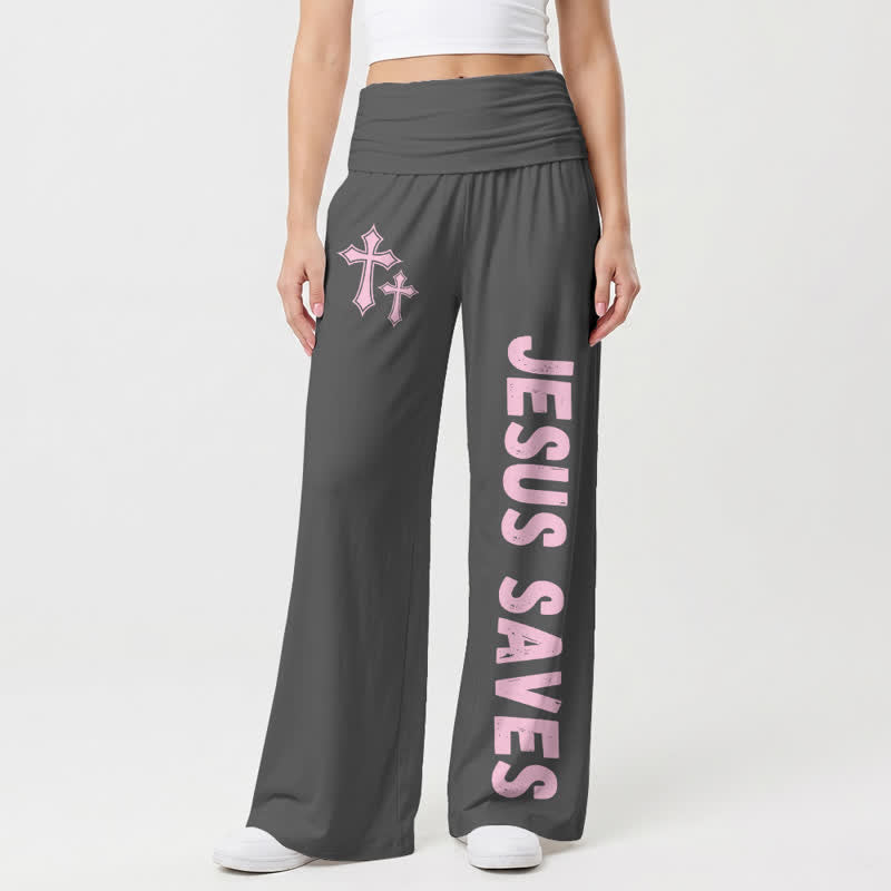 Christianartworkshop Jesus Saves Pink Cross Foldover Women's Wide Leg Pants - Grey - US22,UK/AU26,EU54 - image 6