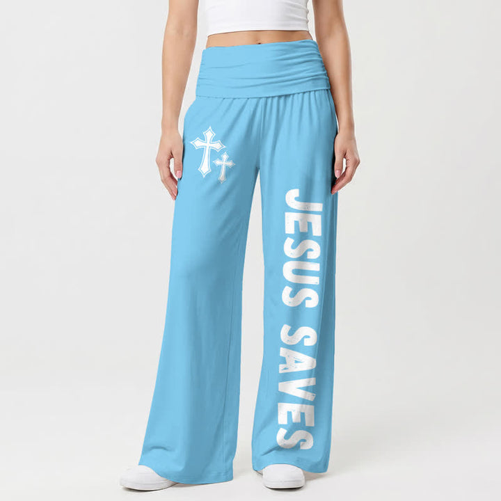 Christianartworkshop Jesus Saves Pink Cross Foldover Women's Wide Leg Pants - Blue - US22,UK/AU26,EU54 - image 12