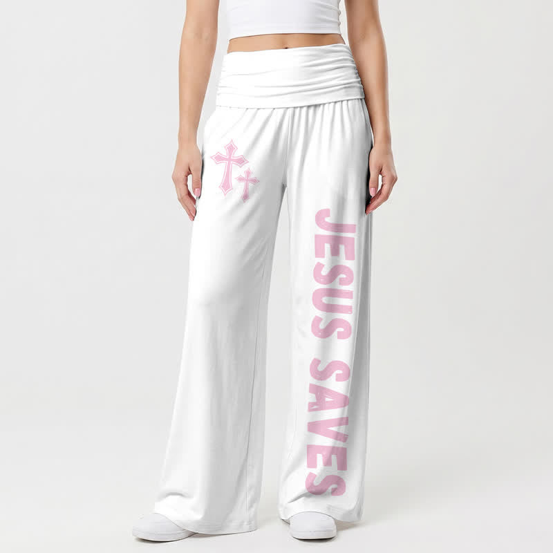 Christianartworkshop Jesus Saves Pink Cross Foldover Women's Wide Leg Pants - White - US22,UK/AU26,EU54 - image 9