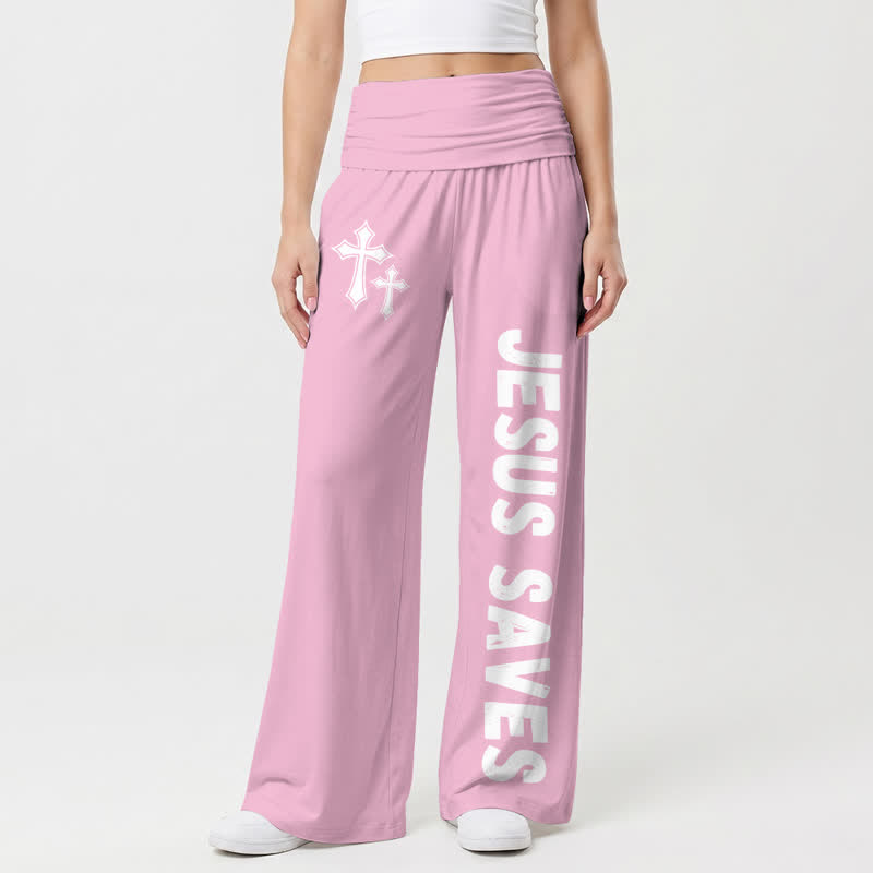 Christianartworkshop Jesus Saves Pink Cross Foldover Women's Wide Leg Pants - Pink - US22,UK/AU26,EU54 - image 3
