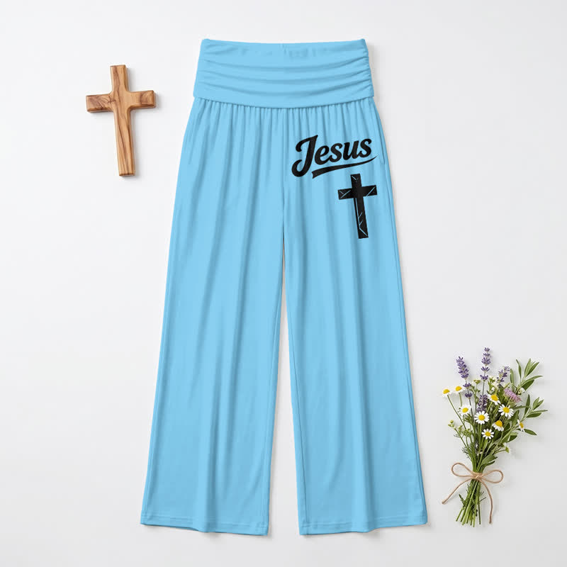Christianartworkshop Jesus Cross Soft Drape High Waist Women's Wide Leg Pants - Blue - US22,UK/AU26,EU54 - image 12