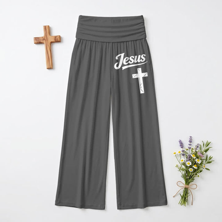 Christianartworkshop Jesus Cross Soft Drape High Waist Women's Wide Leg Pants - Grey - US22,UK/AU26,EU54 - image 3