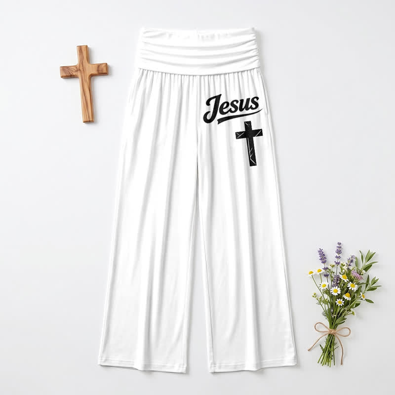 Christianartworkshop Jesus Cross Soft Drape High Waist Women's Wide Leg Pants - White - US22,UK/AU26,EU54 - image 0