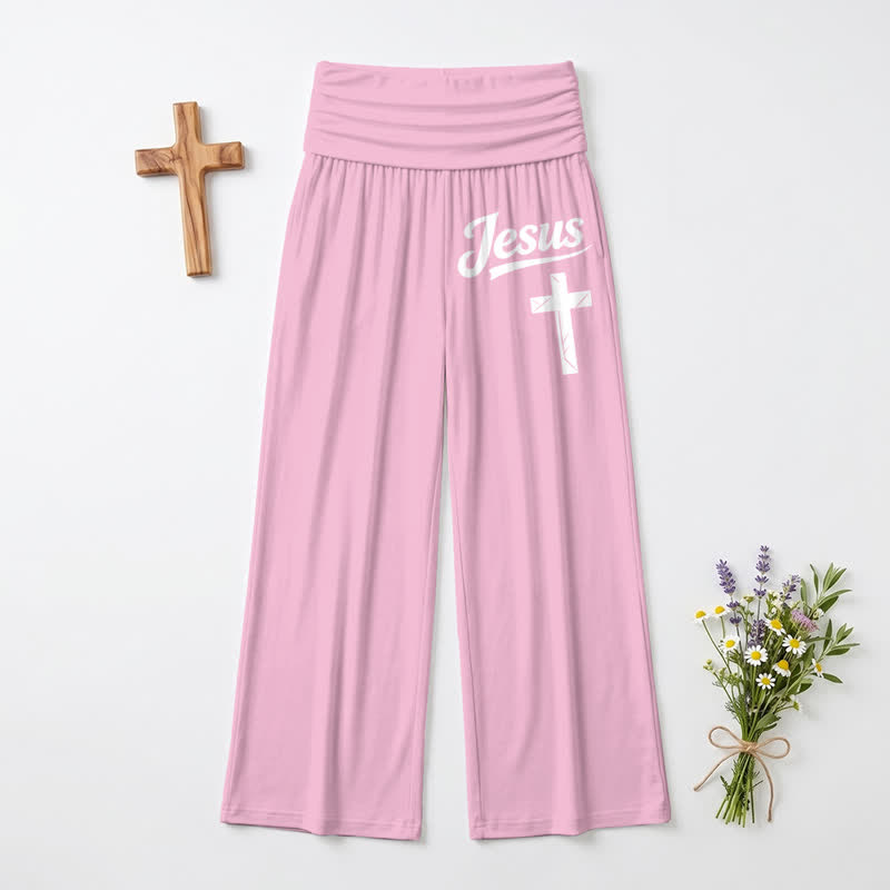 Christianartworkshop Jesus Cross Soft Drape High Waist Women's Wide Leg Pants - Pink - US22,UK/AU26,EU54 - image 9