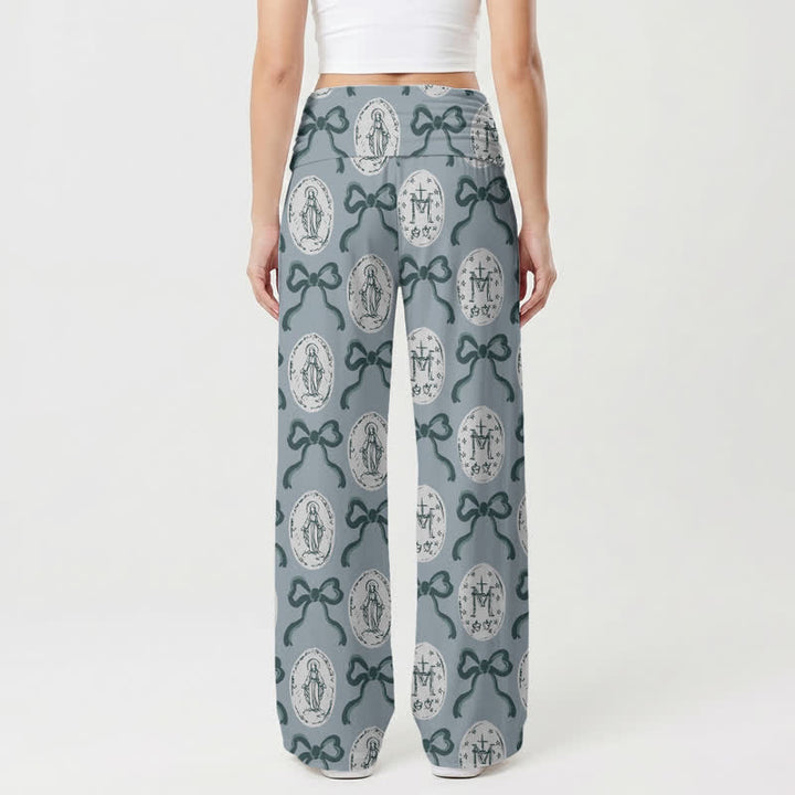 Christianartworkshop Blue Gray Medallion Bow Print Women’s Wide Leg Pants - image 1