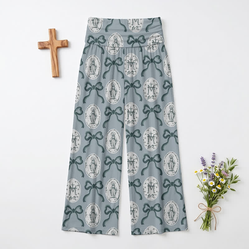 Christianartworkshop Blue Gray Medallion Bow Print Women’s Wide Leg Pants - US22,UK/AU26,EU54 - image 0