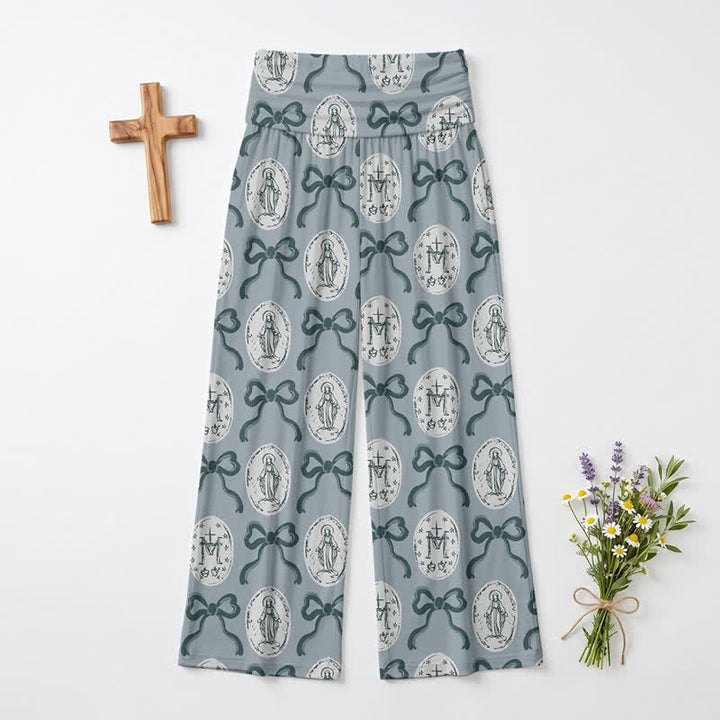 Christianartworkshop Blue Gray Medallion Bow Print Women’s Wide Leg Pants - US22,UK/AU26,EU54 - image 0