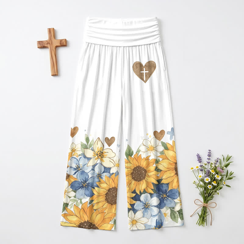 Christianartworkshop Sunflower Bloom Foldover Waist Women’s Wide Leg Pants - image 2