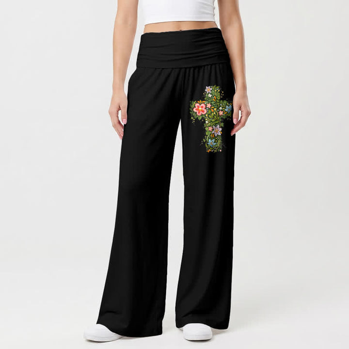 Christianartworkshop Floral Cross Foldover Waist Women's Wide Leg Pants - Black - US22,UK/AU26,EU54 - image 6