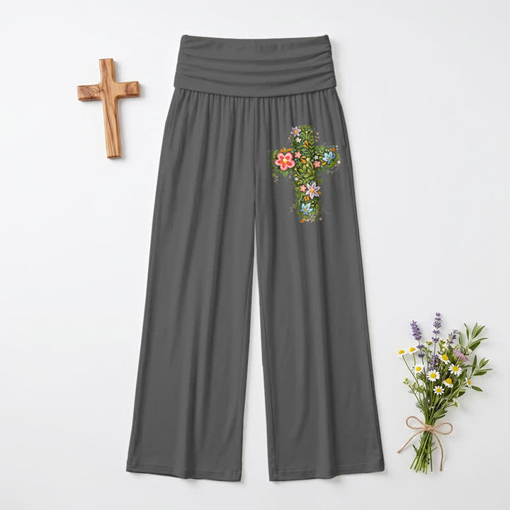 Christianartworkshop Floral Cross Foldover Waist Women's Wide Leg Pants - image 5