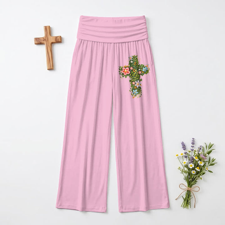 Christianartworkshop Floral Cross Foldover Waist Women's Wide Leg Pants - image 2