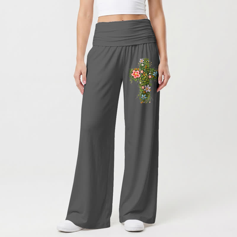 Christianartworkshop Floral Cross Foldover Waist Women's Wide Leg Pants - Grey - US22,UK/AU26,EU54 - image 3