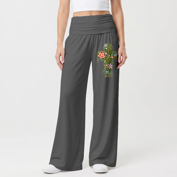 Christianartworkshop Floral Cross Foldover Waist Women's Wide Leg Pants - Grey - US22,UK/AU26,EU54 - image 3
