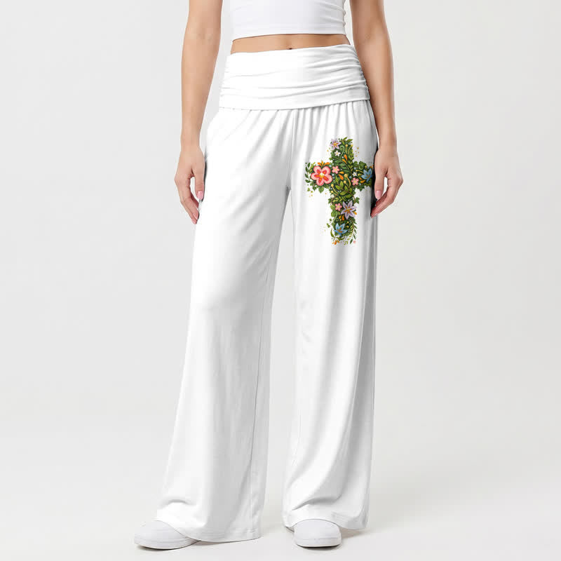 Christianartworkshop Floral Cross Foldover Waist Women's Wide Leg Pants - White - US22,UK/AU26,EU54 - image 9