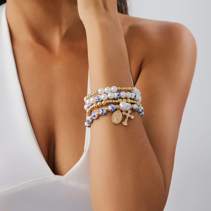 Christianartworkshop Daily Wear Layered Bead Crucifix Bracelet: Sign Of Soft Timeless Sacred Solace - 4 Set - image 0