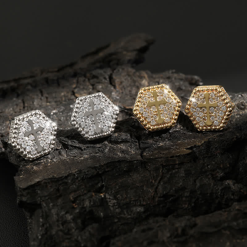 Christianartworkshop Minimal Sacred Hexagon Cross Stud Earrings: Sign Of Soft Timeless Sacred Solace - image 0