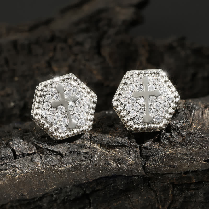 Christianartworkshop Minimal Sacred Hexagon Cross Stud Earrings: Sign Of Soft Timeless Sacred Solace - Silver - image 3
