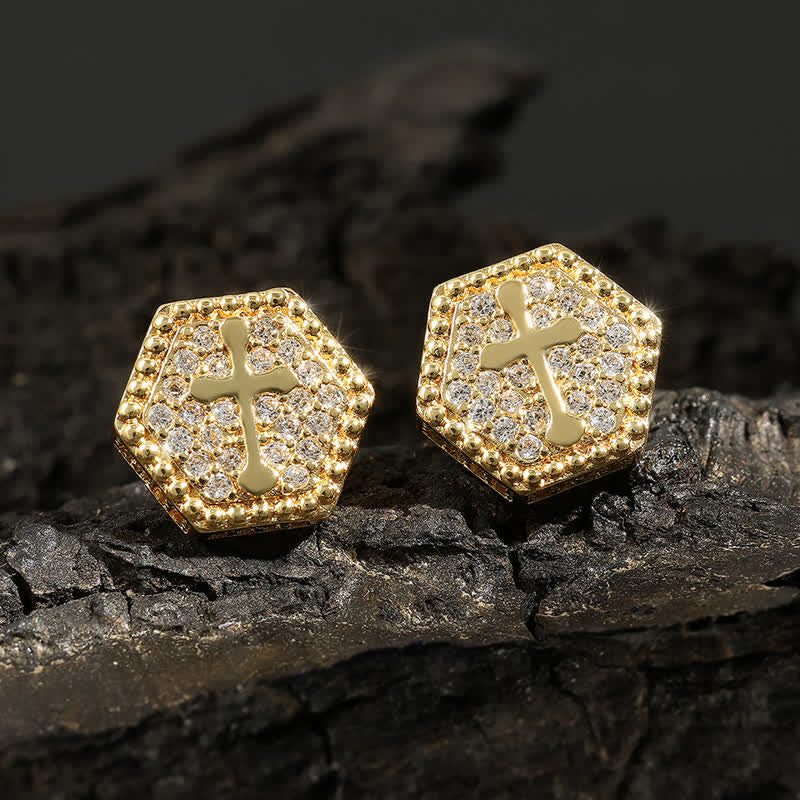 Christianartworkshop Minimal Sacred Hexagon Cross Stud Earrings: Sign Of Soft Timeless Sacred Solace - Golden - image 4