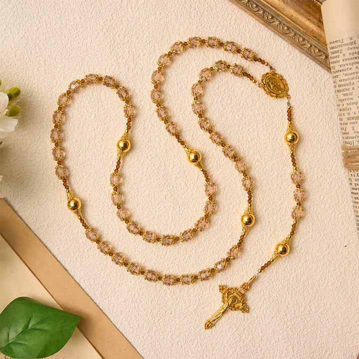 Christianartworkshop Amber Taupe Faceted Our Lady Rosary With Carved Crucifix: Keepsake for Sacred Milestone Ceremonies - image 5