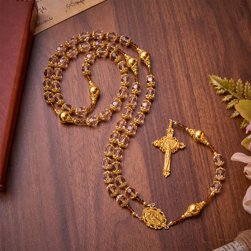 Christianartworkshop Amber Taupe Faceted Our Lady Rosary With Carved Crucifix: Keepsake for Sacred Milestone Ceremonies - Champagne Virgin Mary Rosary - image 0