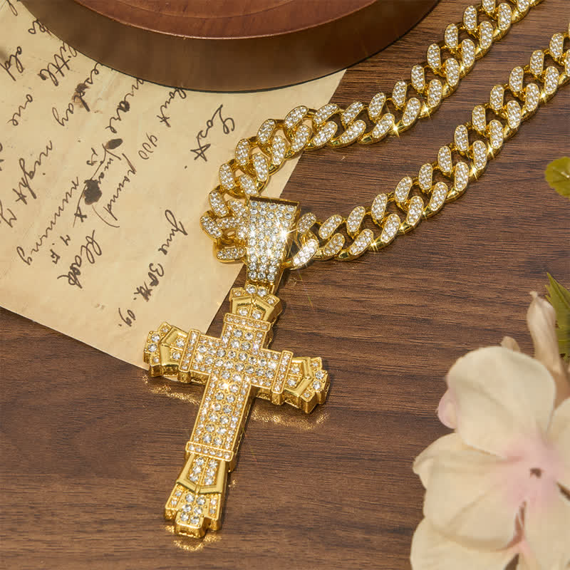 Christianartworkshop Sacred Alloy Iced Cross Cuban Necklace: Symbol of Calm Abiding Peace - Golden - 23.62''/60cm - image 1
