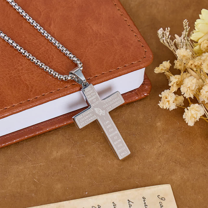 Christianartworkshop Engraved Praying Hands Serenity Prayer Cross Necklace: Token of Divine Shelter - Silver - image 2