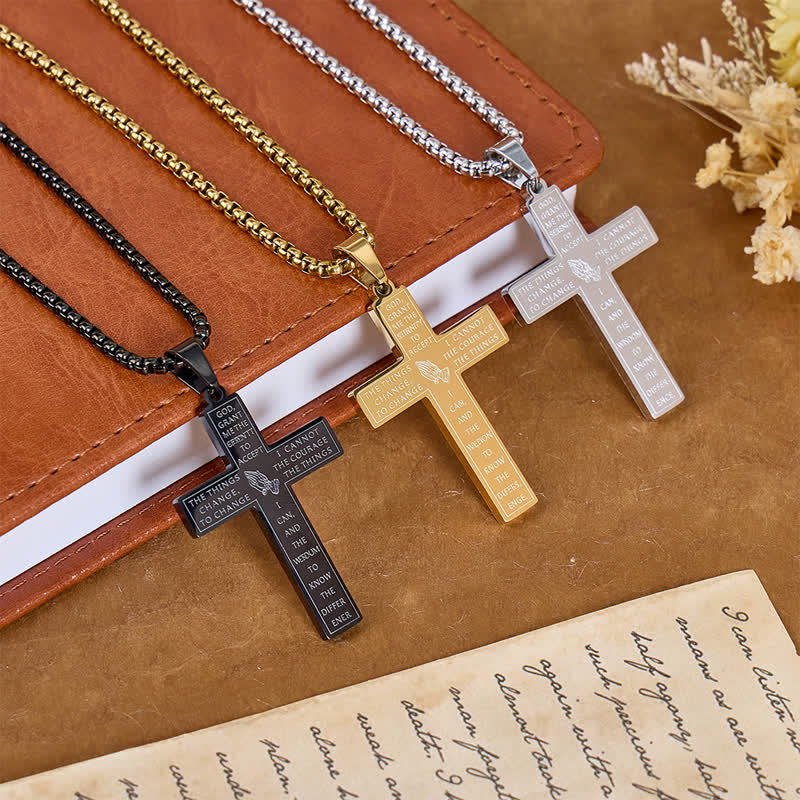 Christianartworkshop Engraved Praying Hands Serenity Prayer Cross Necklace: Token of Divine Shelter - image 1