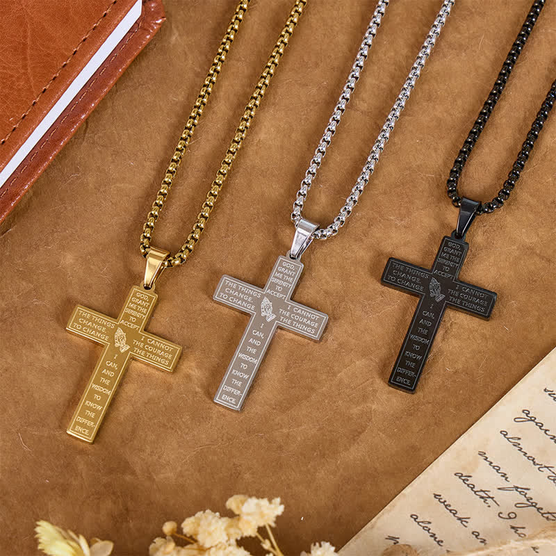 Christianartworkshop Engraved Praying Hands Serenity Prayer Cross Necklace: Token of Divine Shelter - image 0