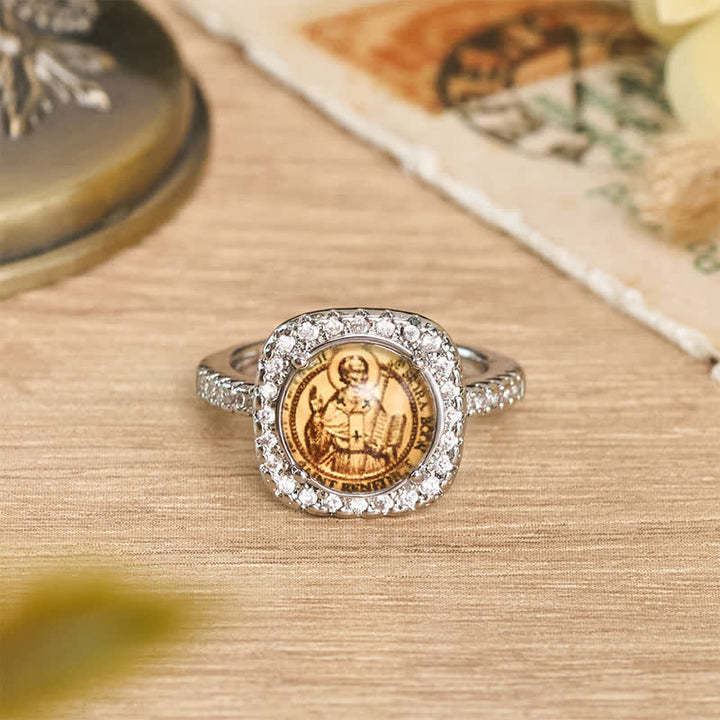 Christianartworkshop Elegant Square Bezel St. Benedict Ring: Sign Of Soft Timeless Sacred Solace - image 2