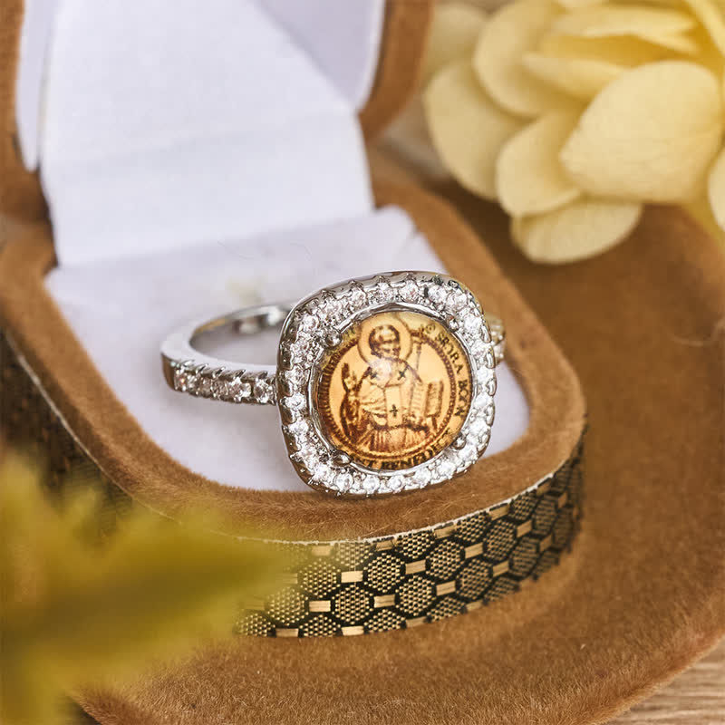 Christianartworkshop Elegant Square Bezel St. Benedict Ring: Sign Of Soft Timeless Sacred Solace - US 10 - image 0